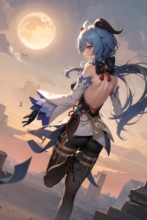 masterpiece, best quality, 1girl, solo, long hair, breasts, looking at viewer, bangs, gloves, bow, bare shoulders, medium breasts, blue hair, purple eyes, ahoge, pantyhose, sidelocks, detached sleeves, horns, black gloves, looking back, from behind, high heels, black pantyhose, back, low ponytail, white sleeves, gold trim, backless outfit, thighlet, waist cape, orb, ganyu (genshin impact), <lora:Ganyulora:0.8>
