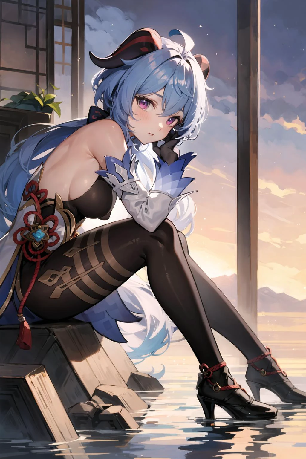 masterpiece, best quality, 1girl, solo, long hair, breasts, looking at viewer, bangs, gloves, bare shoulders, medium breasts, sitting, blue hair, purple eyes, flower, ahoge, pantyhose, detached sleeves, horns, black gloves, water, high heels, from side, black pantyhose, sideboob, ganyu (genshin impact), Ganyu, <lora:Ganyulora:0.75>