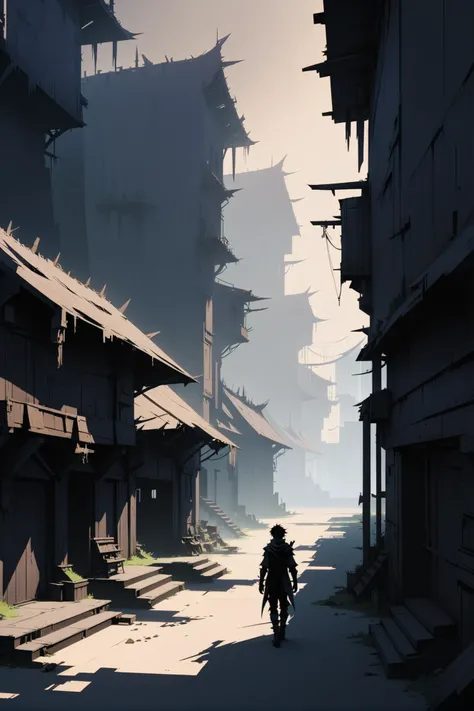 shadow minimalism, anime style, <lora:EnvyShadowMinimalismXL01:2><lora:EnvySendNoodzXL01:0.5>1boy, man, ruggedly handsome, noon, architecture, post-apocalyptic shanty city in a Elven Grove<lora:EnvyBetterHiresFixXL01:0:hr=1>