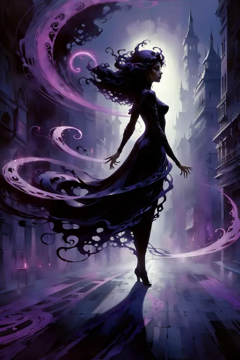 city street, dark shadow of a woman, floating_black_arcane_swirls, dark_magic_glow, <lora:add-detail-xl:1> misc <lora:Elemental Wisps:0.6> DonMW15pXL <lora:EnvyShadowMinimalismXL01:1> shadow minimalism <lora:Retro_Illustration:1> 2d game scene, oil and watercolor painting, (masterpiece:1.2), best quality, (hyperdetailed, highest detailed:1.2), high resolution textures, <lora:EnvyBetterHiresFixXL01:1>