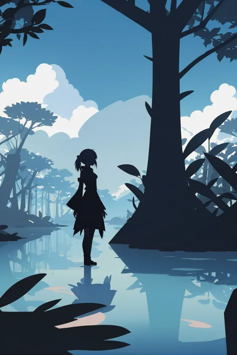 shadow minimalism, anime style, <lora:EnvySendNoodzXL01:-1><lora:EnvyShadowMinimalismXL01:1>1girl, woman, beautiful, morning, blue sky, clouds, scenery, in a Mangrove Swamp<lora:EnvyBetterHiresFixXL01:0:hr=1>