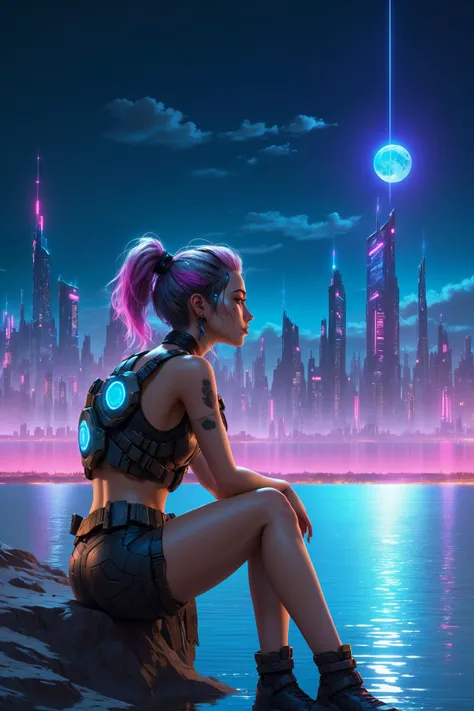 woman sitting at the beach of a lake, looking at the skyline of a cyberpunk city at night, blue sky, moon, scenery, neon light shine into the sky <lora:EnvyShadowMinimalismXL01:0.8> shadow minimalism, (masterpiece:1.2), best quality, (hyperdetailed, highest detailed:1.2), high resolution textures, <lora:EnvyBetterHiresFixXL01:1>