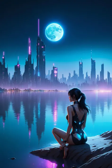 woman sitting at the beach of a lake, looking at the skyline of a cyberpunk city at night, blue sky, moon, scenery, neon light shine into the sky <lora:EnvyShadowMinimalismXL01:0.8> shadow minimalism, (masterpiece:1.2), best quality, (hyperdetailed, highest detailed:1.2), high resolution textures, <lora:EnvyBetterHiresFixXL01:1>