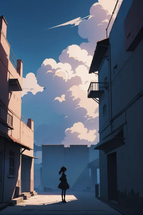 shadow minimalism, anime style, <lora:EnvySendNoodzXL01:0><lora:EnvyShadowMinimalismXL01:0.5>1girl, woman, beautiful, morning, blue sky, clouds, scenery, gloomy Tannery by a plaza<lora:EnvyBetterHiresFixXL01:0:hr=1>