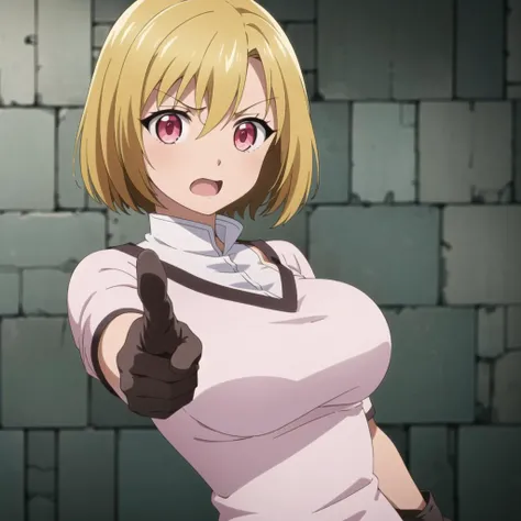 <lora:salty:0.75> sally, 1girl, solo, breasts, looking at viewer, large breasts, shirt, closed mouth, white shirt, upper body, frown, brick wall, glaring