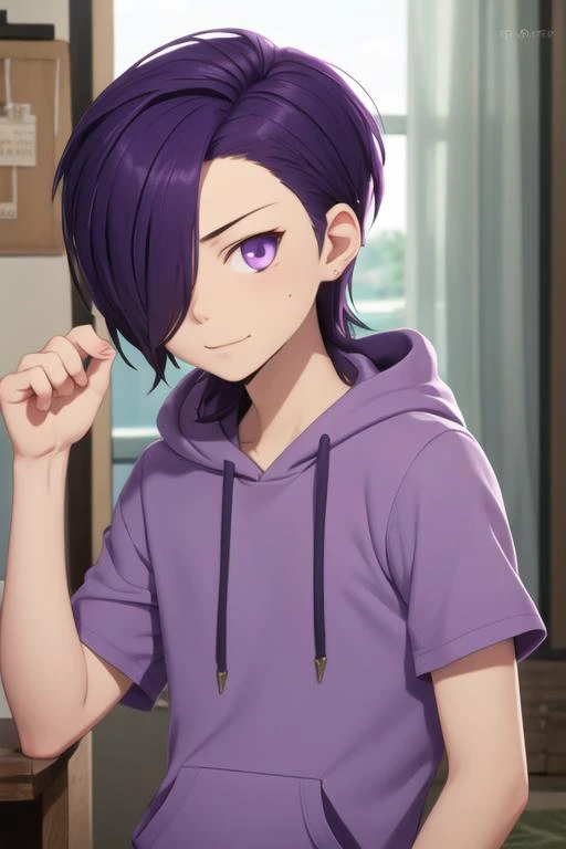 masterpiece, best quality, high quality, 1boy, solo, male focus, looking at viewer, upper body, <lora:hanzou_urushihara:0.70>, hanzou_urushihara, purple hair, purple eyes, hair over one eye, long hair, realistic, hoodie