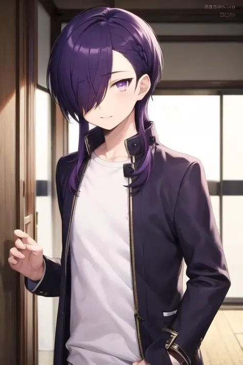 masterpiece, best quality, high quality, 1boy, solo, male focus, looking at viewer, upper body, <lora:hanzou_urushihara:0.62>, hanzou_urushihara, purple hair, purple eyes, hair over one eye, long hair, , gakuran