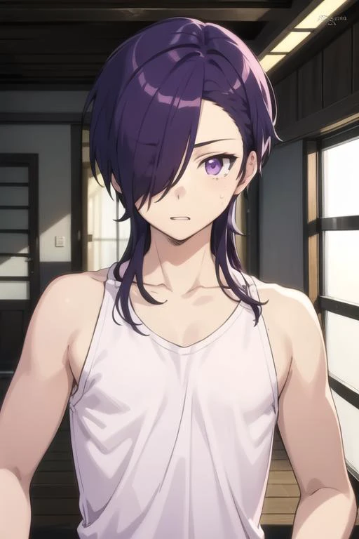 masterpiece, best quality, high quality, 1boy, solo, male focus, looking at viewer, upper body, <lora:hanzou_urushihara:0.54>, hanzou_urushihara, purple hair, purple eyes, hair over one eye, long hair, , tank top