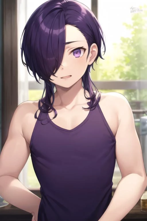 masterpiece, best quality, high quality, 1boy, solo, male focus, looking at viewer, upper body, <lora:hanzou_urushihara:0.58>, hanzou_urushihara, purple hair, purple eyes, hair over one eye, long hair, , tank top