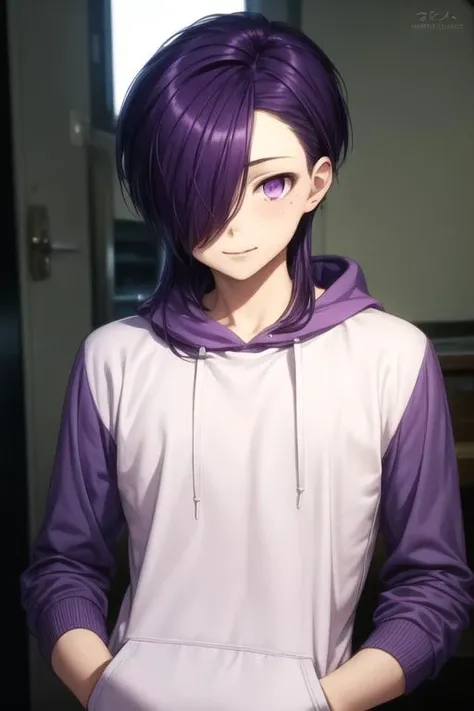 masterpiece, best quality, high quality, 1boy, solo, male focus, looking at viewer, upper body, <lora:hanzou_urushihara:0.76>, hanzou_urushihara, purple hair, purple eyes, hair over one eye, long hair, realistic, hoodie