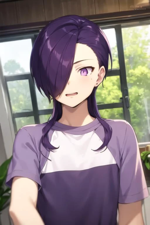 masterpiece, best quality, high quality, 1boy, solo, male focus, looking at viewer, upper body, <lora:hanzou_urushihara:0.84>, hanzou_urushihara, purple hair, purple eyes, hair over one eye, long hair, ,