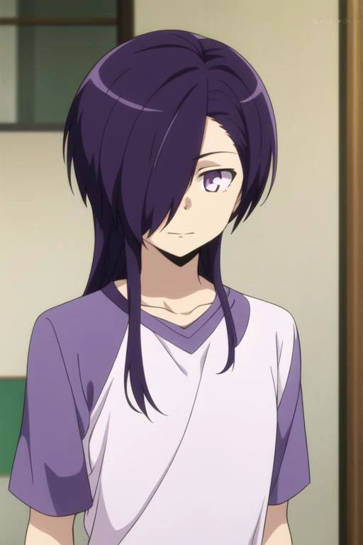 masterpiece, best quality, high quality, 1boy, solo, male focus, looking at viewer, upper body, <lora:hanzou_urushihara:0.78>, hanzou_urushihara, purple hair, purple eyes, hair over one eye, long hair, , school uniform