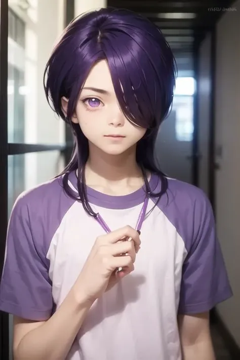 masterpiece, best quality, high quality, 1boy, solo, male focus, looking at viewer, upper body, <lora:hanzou_urushihara:0.70>, hanzou_urushihara, purple hair, purple eyes, hair over one eye, long hair, realistic, school uniform