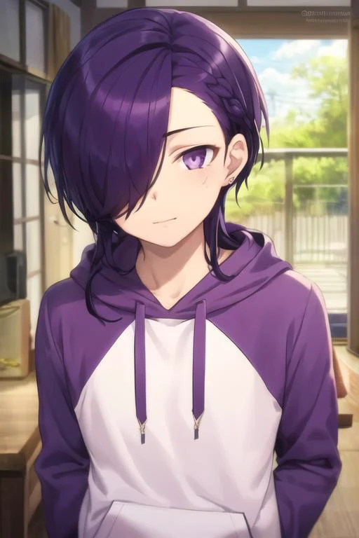 masterpiece, best quality, high quality, 1boy, solo, male focus, looking at viewer, upper body, <lora:hanzou_urushihara:0.68>, hanzou_urushihara, purple hair, purple eyes, hair over one eye, long hair, , hoodie