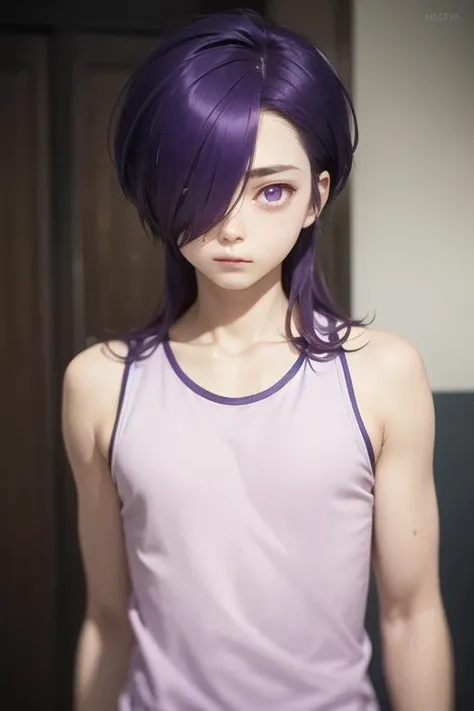 masterpiece, best quality, high quality, 1boy, solo, male focus, looking at viewer, upper body, <lora:hanzou_urushihara:0.52>, hanzou_urushihara, purple hair, purple eyes, hair over one eye, long hair, , tank top
