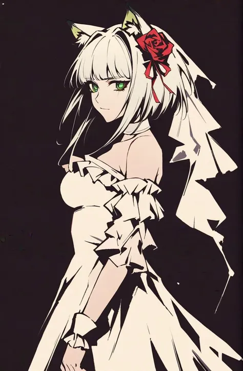 high contrast, two-tone background,
kal'tsit (arknights), solo, breasts, animal ears, green eyes,short hair, white hair, bangs,dress,white dress,white background,hair ornament,flower,simple background,looking at viewer,breasts,hair flower,red flower,red ribbon,white veil,bare shoulders,choker,ribbon,medium breasts,bangs,alternate costume,from side,rose,upper body,strapless,very long hair,hair ribbon,red rose,closed mouth,wrist cuffs,strapless dress,looking to the side,sidelocks,detached sleeves,white choker,frills,cowboy shot,sad smile, black background,
<lora:é«å¯¹æ¯å¹³æ¶xl:0.9>