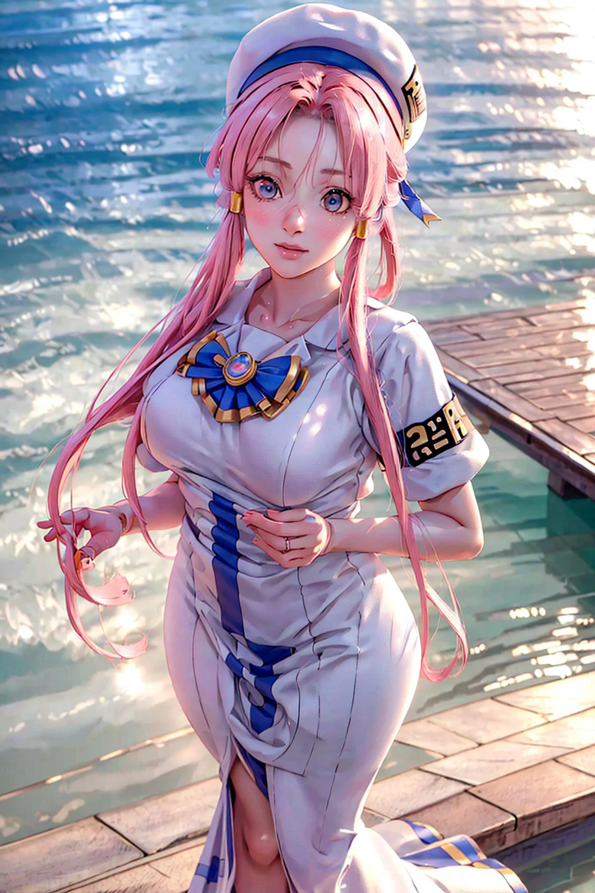 <lora:MizunashiAkariV1:0.8> , (mizunashi akari) , (pink hairs) , ((aria company uniform):1.1), beret , white dress , (full body:1.3) ,(solo), female focus, in pier , detail pier ,
perfect(face ,eyes , nose, hands , arms), warm light , detailed fingers, extremely detailed eyes and face, beautiful detailed nose, beautiful detailed eyes,
(RAW photo, best quality), (realistic, photo-realistic:2.0), extremely detailed, CG, unity , 8k wallpaper, Amazing, finely detail, (masterpiece:2.0, best quality:1.5), realistic, (real picture, intricate details, depth of field),
beautiful detailed girl, medium breasts, thick thighs, wide hips, small waist, tall, glossy pink lips, red eyes, (floating hair novafrogstyle), elegant ,slender figure, dynamic posture,