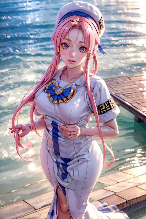 <lora:MizunashiAkariV1:0.8> , (mizunashi akari) , (pink hairs) , ((aria company uniform):1.1), beret , white dress , (full body:1.3) ,(solo), female focus, in pier , detail pier ,
perfect(face ,eyes , nose, hands , arms),  warm light , detailed fingers, extremely detailed eyes and face, beautiful detailed nose, beautiful detailed eyes,
(RAW photo, best quality), (realistic, photo-realistic:2.0), extremely detailed, CG, unity , 8k wallpaper, Amazing, finely detail, (masterpiece:2.0, best quality:1.5), realistic, (real picture, intricate details, depth of field),  
beautiful detailed girl, medium breasts, thick thighs, wide hips, small waist, tall, glossy pink lips, red eyes, (floating hair novafrogstyle), elegant ,slender figure, dynamic posture,