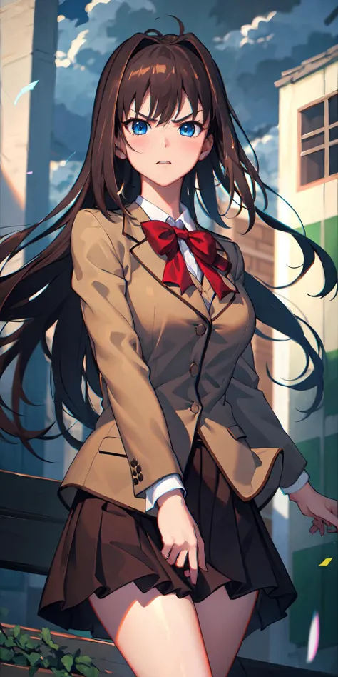 1girl, (solo), ((cinematic light)), colorful, hyper detail, dramatic light, intricate details, best quality, (wallpaper, masterpiece, best quality, ultra-detailed, best shadow), (detailed background:1.4), (beautiful detailed face, beautiful detailed eyes), high contrast, (best illumination, an extremely delicate and beautiful),(girl:1.5), blue eyes, outdoors, cloudy sky, dynamic angle, cowboy shot, looking at viewer, <lora:aokov1:0.9>, large breasts, Uniform, AokoSchoolUniform, blazer, brown jacket, anger vein, angry, blush, pleated skirt, very long hair,