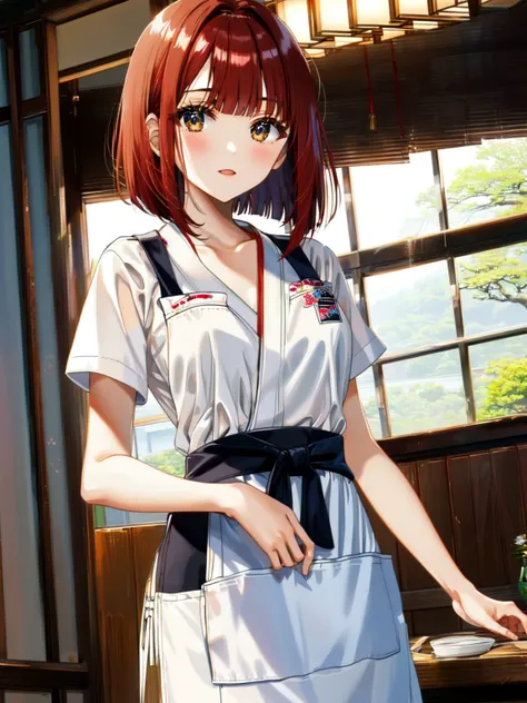 (anime:1.1),1girl, red hair, very long hair, bob cut hair, bangs, very short length white shirts with open chest pants waist apron , japanese river evening,