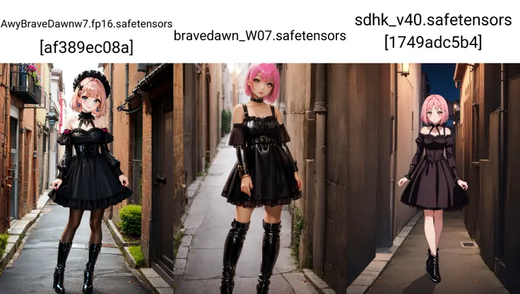 anime,1girl, classical alley evening, pink hair, very short hair, center parted bangs bangs, latex gothic dress handcuffs high heel boots,