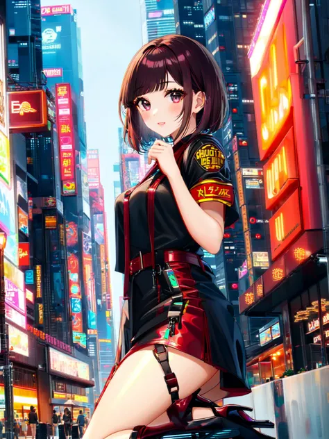 anime,1girl, burgundy hair, very short hair, quad tails hair, parted bangs bangs, fast food uniform garter straps high heel boots, cyberpunk cityspace midnight,