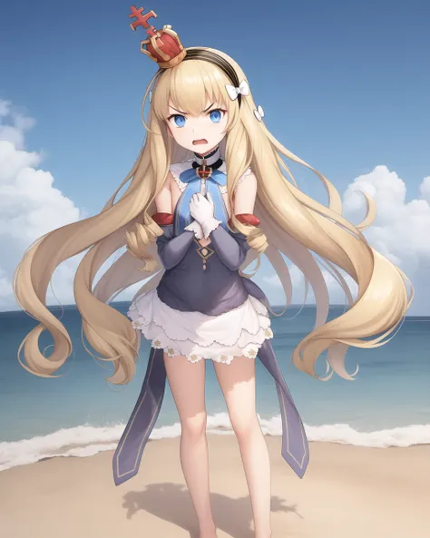 eqlc, full body, 1girl, long hair, solo, strapless dress, blonde hair, crown, blue eyes, gloves, hairband, looking at viewer, white gloves, small breasts, flat chest, bow, black hairband, detached sleeves, bangs, mini crown, detached collar, angry, sand, beach, summer, sky, day, full body, standing