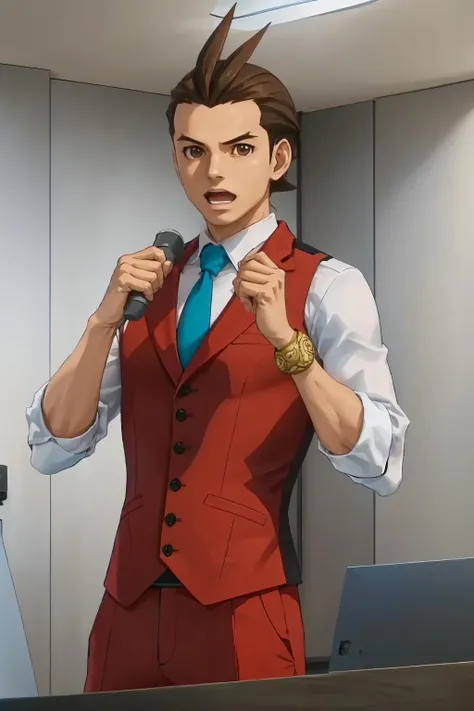 <lora:aa_apollojustice-09:1> apollojustice, antenna hair, white shirt, blue necktie, sleeves rolled up, red vest, red pants, jewelry, bracelet, brown hair, brown eyes
masterpiece, best quality, absurdres, shouting, screaming, indoors, courtroom, looking at viewer, 1boy