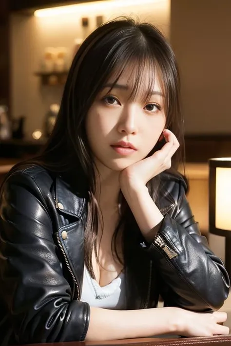 Best quality, masterpiece, ultra high res, (photorealistic:1.4), raw photo, 1woman, closeup, in coffeeshop, deep shadow, dark theme, sitting down, long hair, leather jacket
<lora:FukuMizuv2:1>