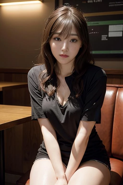 Best quality, masterpiece, ultra high res, (photorealistic:1.4), raw photo,  in coffeeshop, deep shadow, dark theme, sitting down,
 <lora:FukuMizuv1:1>