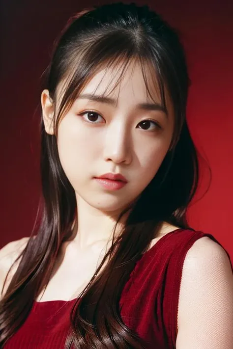 (best quality,masterpiece:1.2),1girl,8k,ultra high res,ultra detailed,best quality,looking at viewer,perfect lighting,flat light,ultra high quality,ultra high res,masterpiece,photorealistic,detailed face,(simple background),(maroon background), <lora:FukuMizuv2:1>