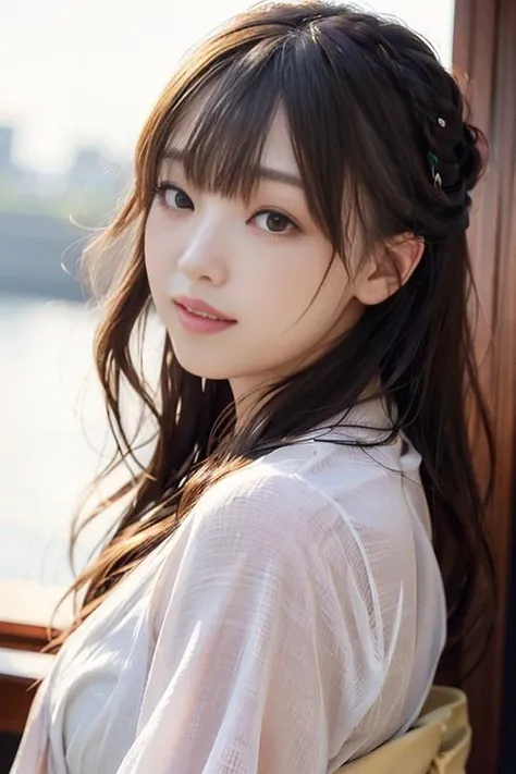 bangs,(best quality,masterpiece:1.2),1girl,8k,ultra high res,ultra detailed,best quality,looking at viewer,perfect lighting,flat light,ultra high quality,ultra high res,masterpiece,photorealistic,detailed face,(simple background),<lora:FukuMizuv2:1>,long hair,smile, elegant kimono