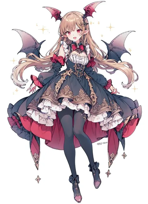masterpiece, best quality, <lora:yhm:0.8>, (1girl, solo, white background, transparent background,,:1.3), boots, vampire, vania, blonde hair, black pantyhose, vampy, long hair, red eyes, open mouth, head wings, skirt, pantyhose, pointy ears, detached sleeves, black legwear,long sleeves, eyebrows visible through hair, bangs, hair ornament, cleavage, frills, sparkle, <lora:vania:0.5:POVB>