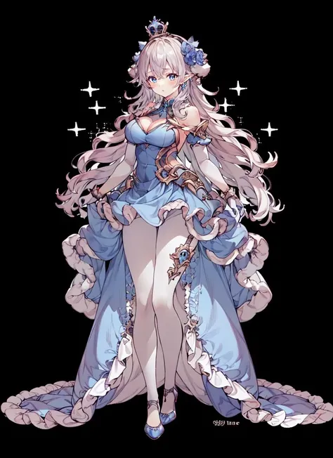 masterpiece, best quality, <lora:yhm:0.8>, (1girl, solo, white background, transparent background,:1.3),  detached sleeves, long sleeves, eyebrows visible through hair, cleavage, frills, sparkle, bangs, hair ornament,  Piercye, crown, blue eyes, elbow gloves, white pantyhose, high heels, flower, pointy ears, <lora:Piercye:0.55:POVB>