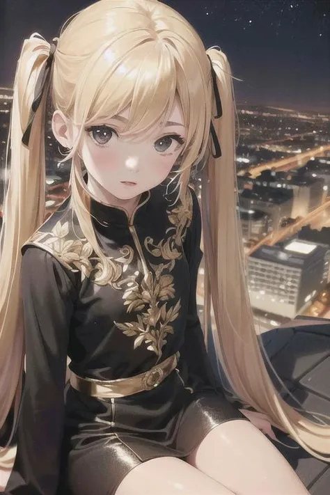 ((sfw)), photo realistic, intricate details, 1girl, cute detailed young face, (solid black eyes), ((absurdly long shiny golden hair + high twintails + thin eyebrows)), thin lips, dynamic angle, lost in thoughts, sitting on the edge of the roof, looking at the illuminated city below, away from camera, festival, night