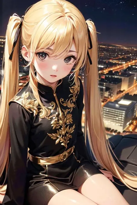 ((sfw)), photo realistic, intricate details, 1girl, cute detailed young face, (solid black eyes), ((absurdly long shiny golden hair + high twintails + thin eyebrows)), thin lips, dynamic angle, lost in thoughts, sitting on the edge of the roof, looking at the illuminated city below, away from camera, festival, night