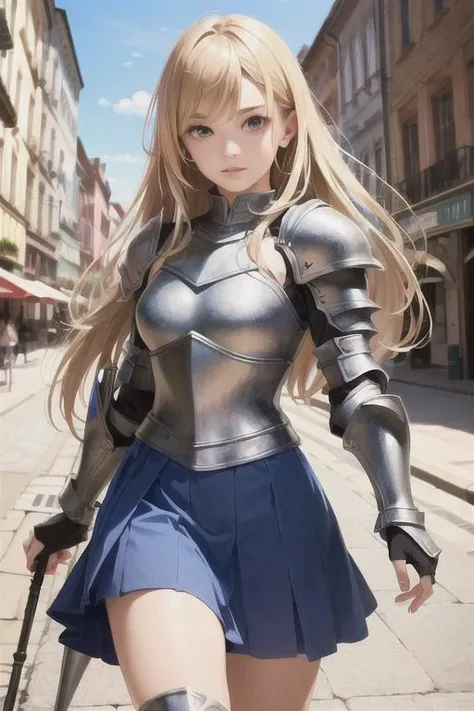 (sfw), photo realistic, 1girl, cute, long blonde hair, medium two side up, small perky breasts, full knight armor, long blue skirt, medieval city background, daylight