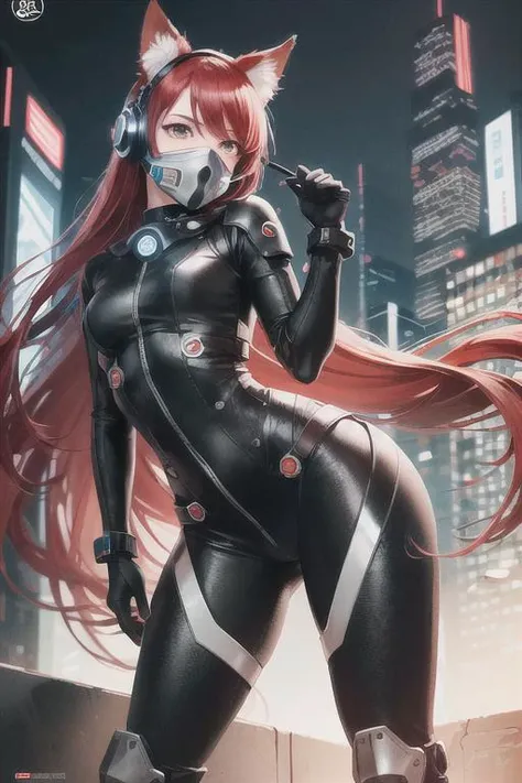 ((sfw)), photo realistic, intricate details, 1girl, (cute, beautiful face, (beautiful eyes), (petite perky breasts), ((absurdly long bright red hair))), ((sleek futuristic respirator)), impossible ribbed bodysuit, cyberpunk combat armor, high armored boots, long armored gloves, headset, cybernetic implants, cybernetic cat ears, bright neon colors, dynamic action pose, sneaking, roof, hair blowing in the wind, cyberpunk city below, detailed background