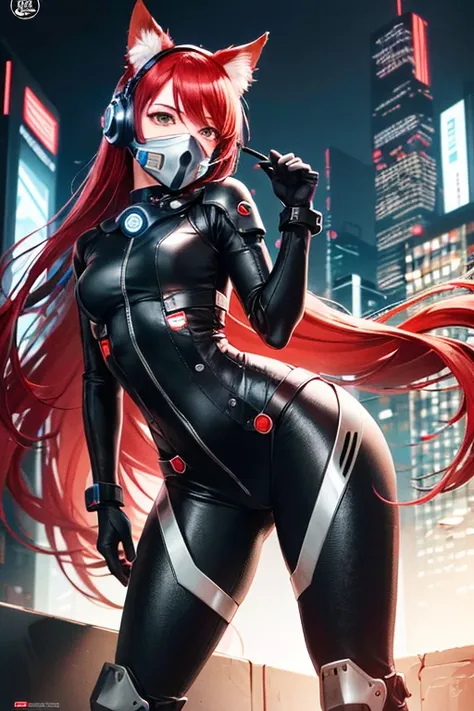 ((sfw)), photo realistic, intricate details, 1girl, (cute, beautiful face, (beautiful eyes), (petite perky breasts), ((absurdly long bright red hair))), ((sleek futuristic respirator)), impossible ribbed bodysuit, cyberpunk combat armor, high armored boots, long armored gloves, headset, cybernetic implants, cybernetic cat ears, bright neon colors, dynamic action pose, sneaking, roof, hair blowing in the wind, cyberpunk city below, detailed background