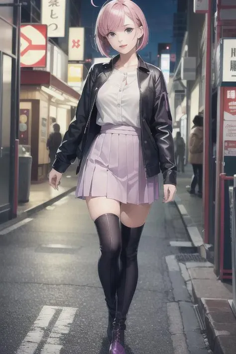 ((sfw)), photo realistic, intricate details, 1girl, (cute, beautiful face, cute nose, bright lips, (beautiful eyes), (petite perky breasts), (gradient purple to pink colored hair, asymmetric bob cut, ahoge)), (walking along deserted akihabara street at night), smiling, ((loose clothing)), ((loose pleated skirt)), ((knee socks, tall boots)), ((loose short jacket, long shirt))