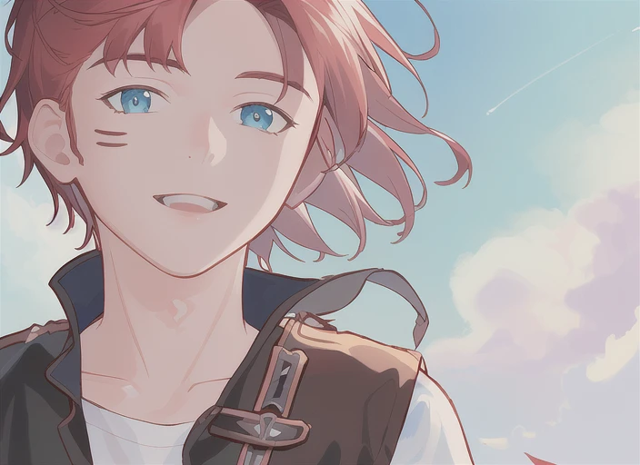 ((best quality,masterpiece, extremely detailed 8K wallpaper)),(highres),ultra-detailed,(cinematic lighting:1.3),((extremely detailed illustration)),(detailed light), dynamic angle,best shadow, 1boy, leonard, seaside, smile, hand up, happy, dynamic pose, wind, beautiful sky,