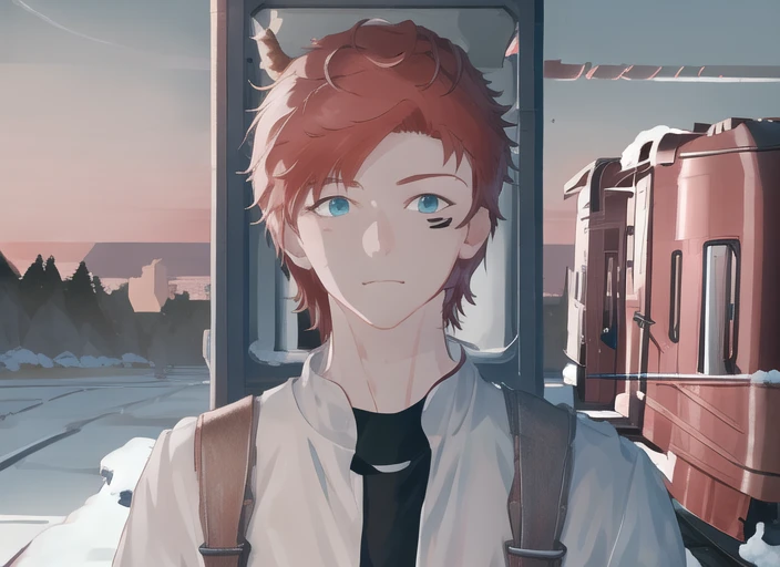 (best quality),(masterpiece), (extremely detailed 8K wallpaper),ultra-detailed,cinematic lighting, detailed light, best shadow, dyanamic angle, train station, wind, snow, beautiful snow, train, signal light, 1boy, leonard dung, red hair, aqua eyes, earring, single horn, strip mark on face, shone, white shirt,, detailed face, detailed reflctive eyes, beautiful eyes, extremely deatiled face,reflective hair,