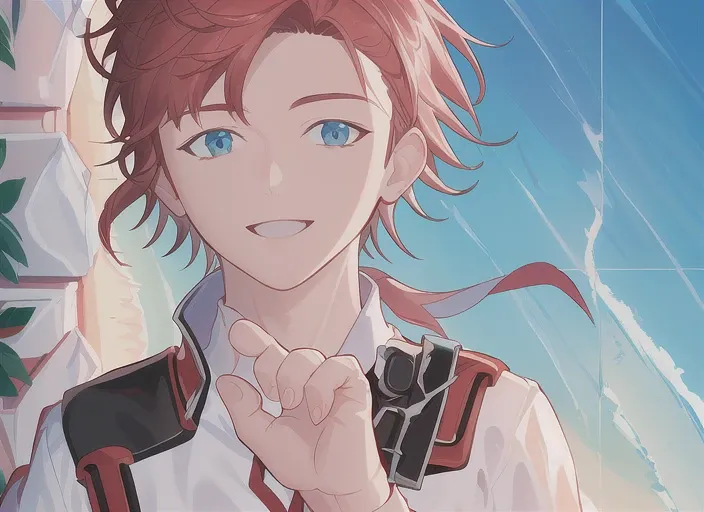 ((best quality,masterpiece, extremely detailed 8K wallpaper)),(highres),ultra-detailed,(cinematic lighting:1.3),((extremely detailed illustration)),(detailed light), dynamic angle,best shadow, 1boy, leonard, seaside, smile, hand up, happy, dynamic pose, wind, beautiful sky,