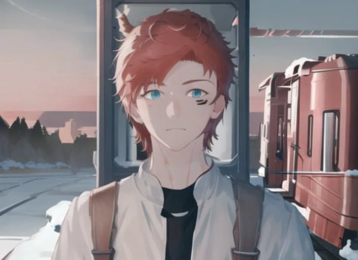 (best quality),(masterpiece), (extremely detailed 8K wallpaper),ultra-detailed,cinematic lighting, detailed light, best shadow, dyanamic angle, train station, wind, snow, beautiful snow, train, signal light, 1boy, leonard dung, red hair, aqua eyes, earring, single horn, strip mark on face, shone, white shirt,, detailed face, detailed reflctive eyes, beautiful eyes, extremely deatiled face,reflective hair,