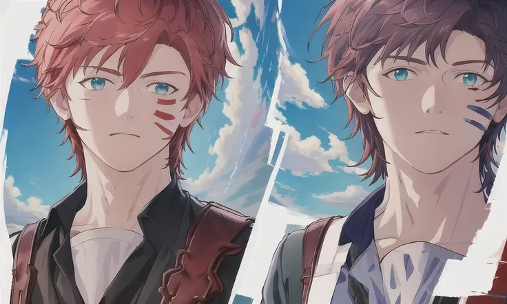 ((best quality,masterpiece, extremely detailed 8K wallpaper)),detailed light, official art, best shadow, (detailed sky, beautiful sky), layered clouds, 1boy, (side face, full body), shouder tatoo. male focus, aqua eyes, red hair, single horn, detailed eyes, beautiful eyes, detailed face standing, expressions, dynamic pose, wind, vibrant_color, strips_mark_on_face, leoanrd_dung