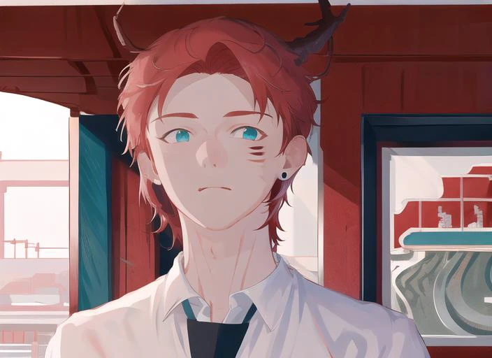 (best quality),(masterpiece), (extremely detailed 8K wallpaper),ultra-detailed,cinematic lighting, detailed light, best shadow, dyanamic angle, from down, train station, train, signal light, 1boy, leonard dung, red hair, aqua eyes, earring, single horn, strip mark on face, shone, white shirt,, detailed face, detailed reflctive eyes, beautiful eyes, extremely deatiled face,reflective hair,