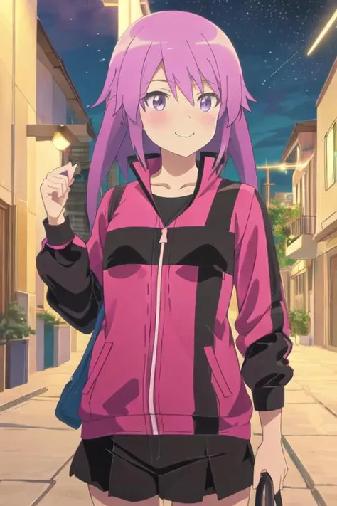 best quality, masterpiece, highres, solo, {hirasaka_yotsuyu_alicegearaegisexpansion:1.15}, purple_hair, purple_eyes, long_hair, blush, 1girl, hair_between_eyes, looking_at_viewer, night, pink_hair, sky, smile, star_\(sky\), starry_sky, bangs, closed_mouth, jacket, night_sky, outdoors