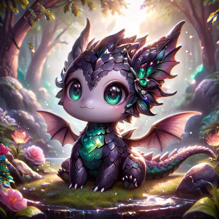 ral-smoldragons, cute, small dragon, wings, nature in background, intricate details, butterflies, whimsical, fantasy, mysterious, colorful, glowing <lora:ral-smoldragons-sdxl:1> <lora:ObsidianEmerald:0.8> ObsidianEmerald