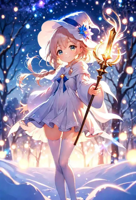 anime, cute girl, wizard hat, robe, thigh-highs, holding ancient staff, happy, midnight, bloom, ambient occlusion, glow, glowing lights, light particles, transparent, translucent, bokeh, depth of field, snow, wind