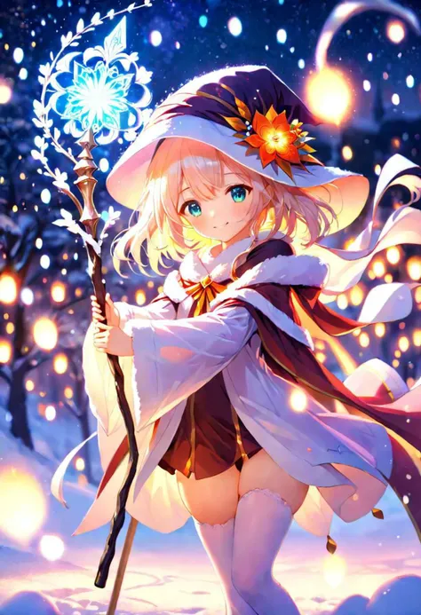 anime, cute girl, wizard hat, robe, thigh-highs, holding ancient staff, happy, midnight, bloom, ambient occlusion, glow, glowing lights, light particles, transparent, translucent, bokeh, depth of field, snow, wind